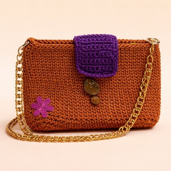 Handmade Handbags - Handmade Crochet Shoulder Bag w/gold Chain Strap-Boho Style
